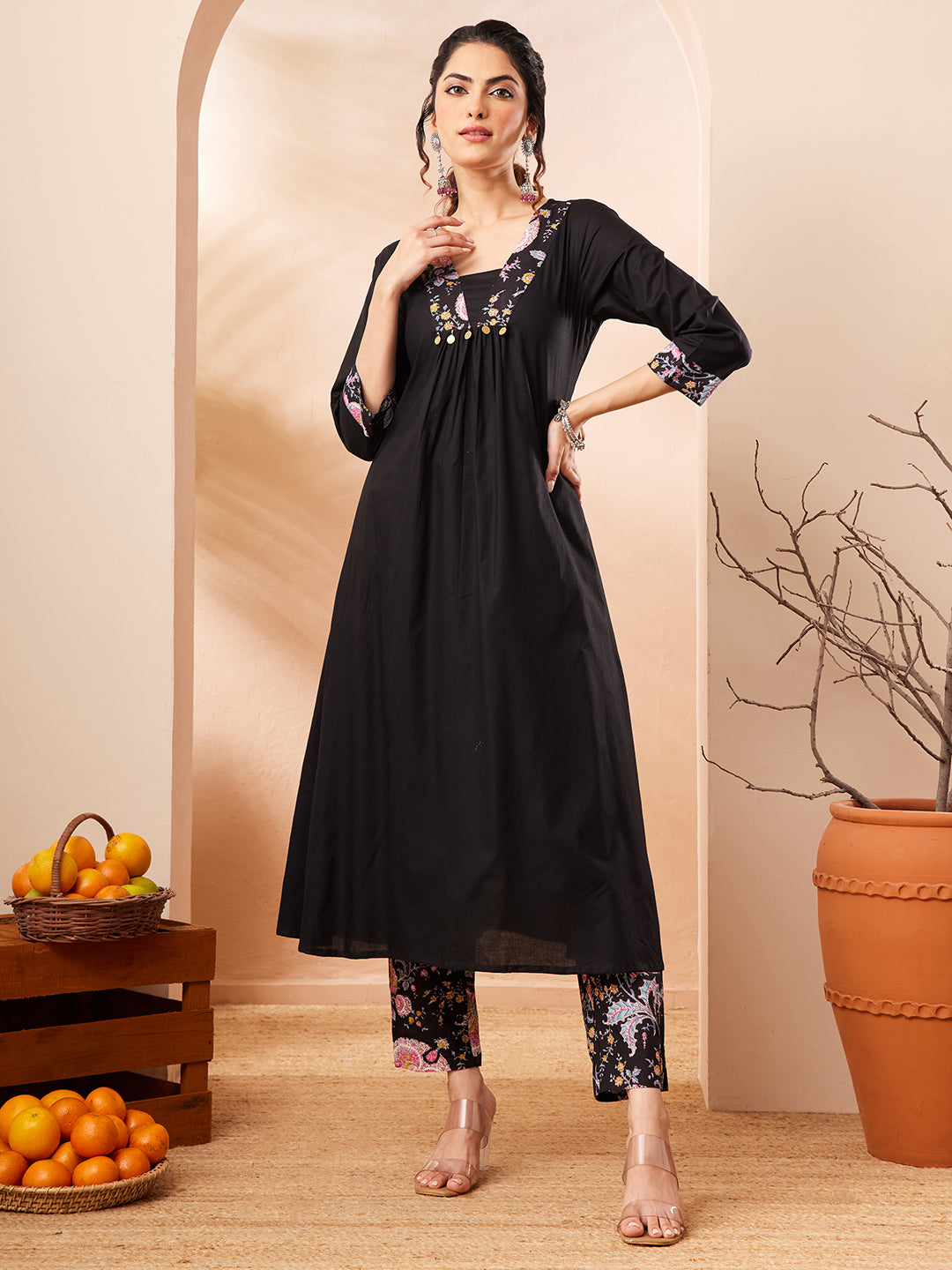Black Yoke Design A-Line Kurta &amp; Bottom