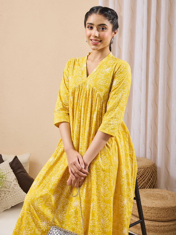 Yellow Floral A-Line Kurta