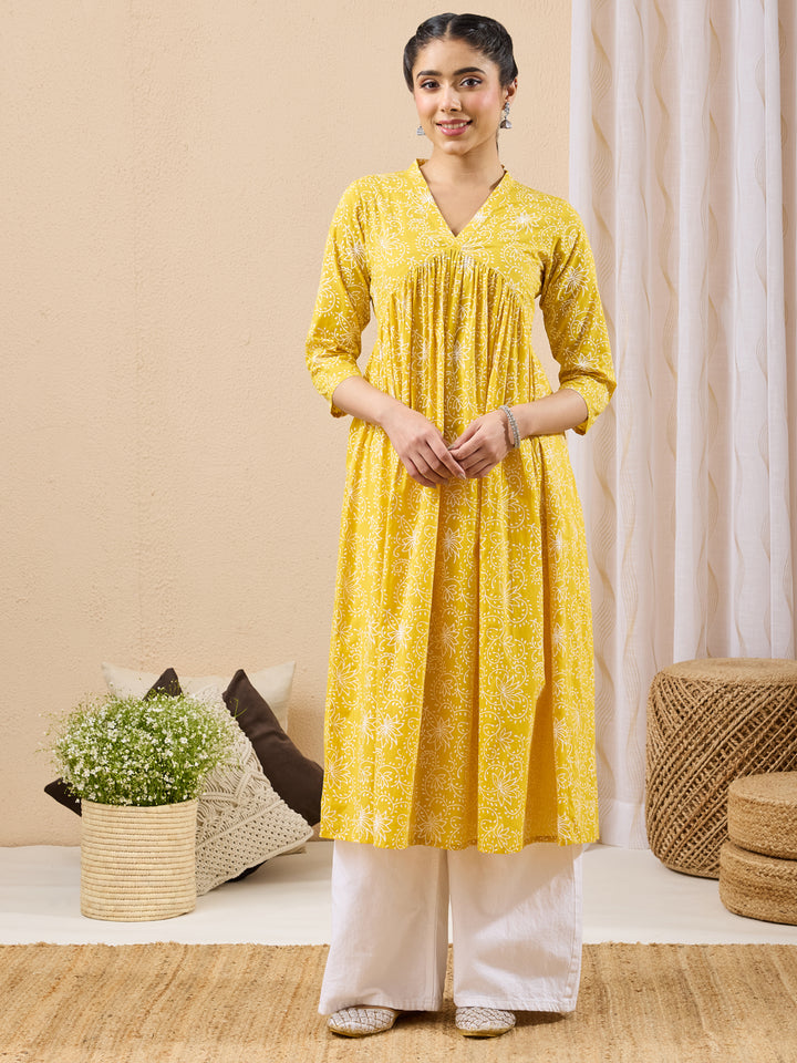 Yellow Floral A-Line Kurta