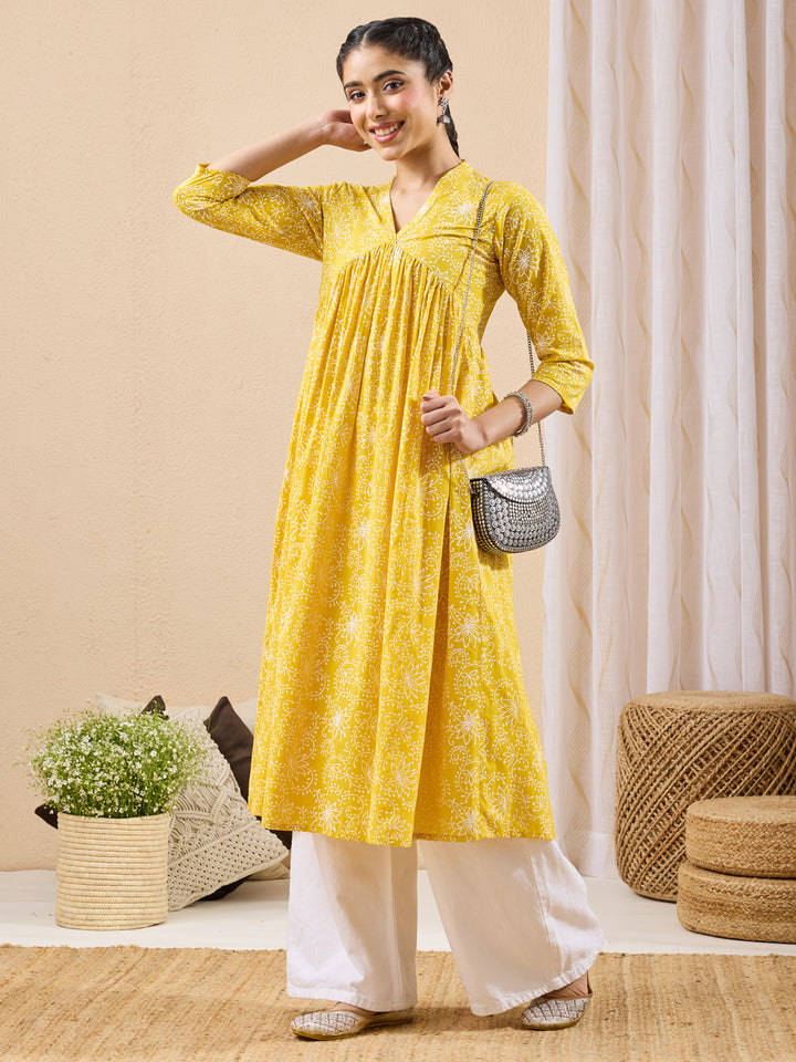 Yellow Floral A-Line Kurta