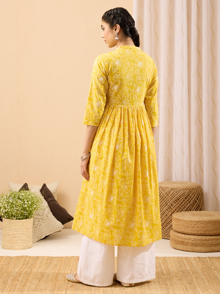 Yellow Floral A-Line Kurta
