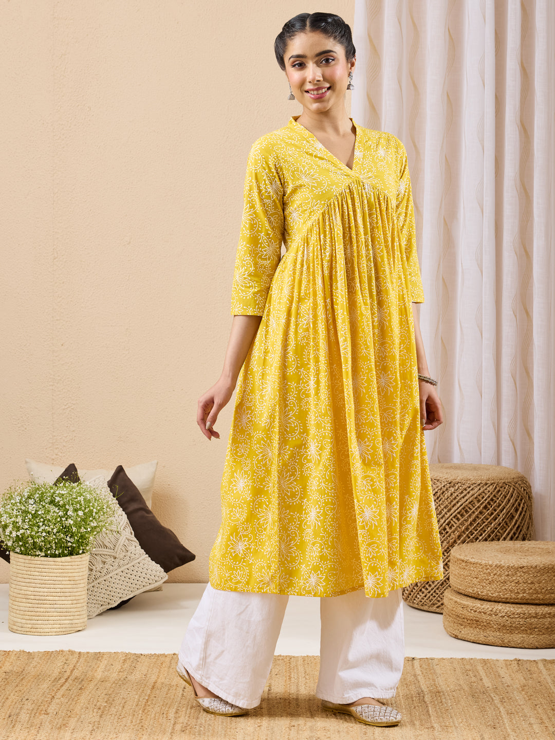 Yellow Floral A-Line Kurta