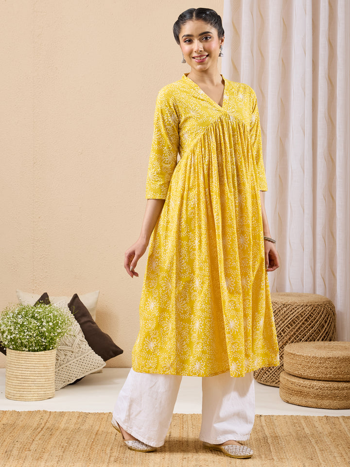 Yellow Floral A-Line Kurta