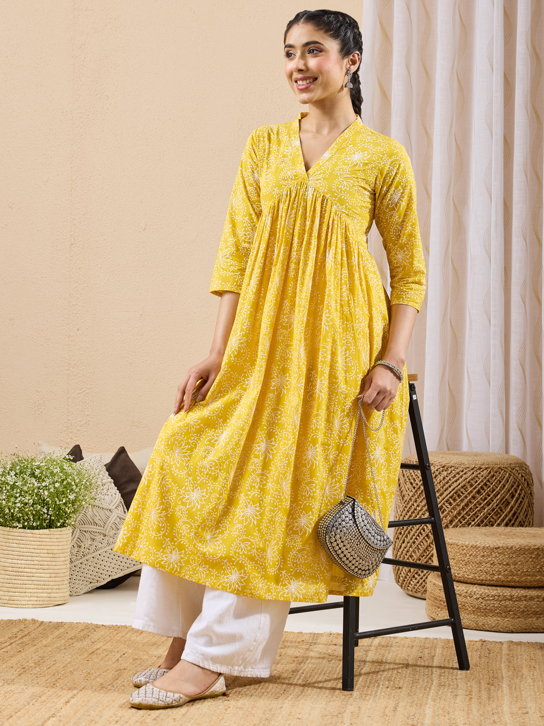 Yellow Floral A-Line Kurta