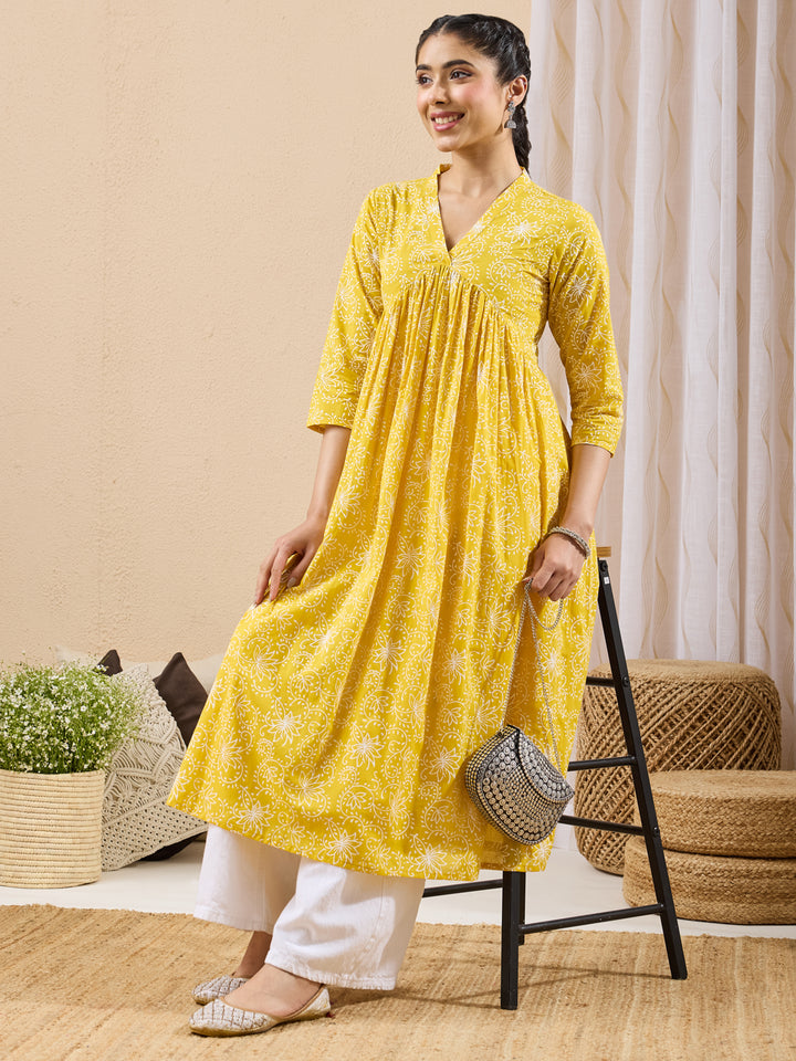 Yellow Floral A-Line Kurta