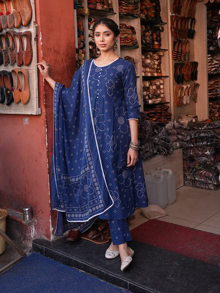 Blue Bandhani A-Line Kurta,Bottom &amp; Dupatta