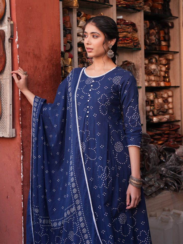 Blue Bandhani A-Line Kurta,Bottom &amp; Dupatta