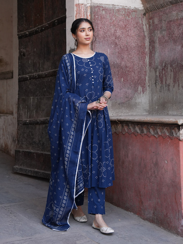 Blue Bandhani A-Line Kurta,Bottom &amp; Dupatta