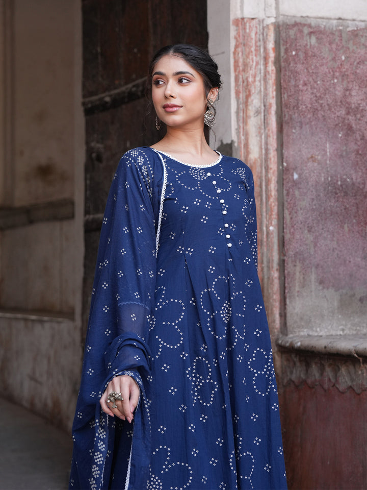 Blue Bandhani A-Line Kurta,Bottom &amp; Dupatta