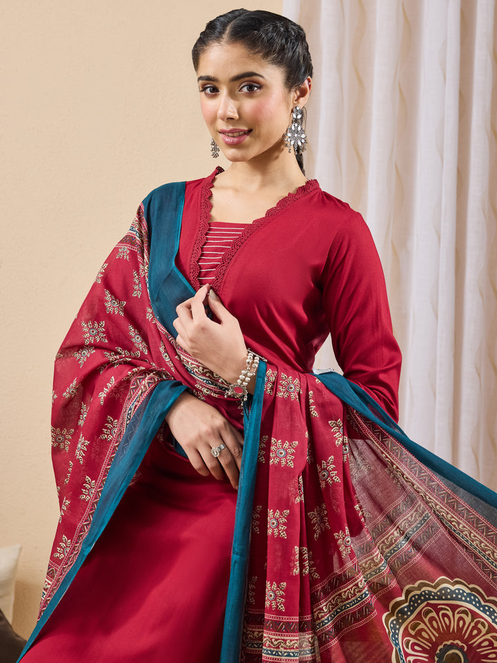 Maroon Yoke Design Straight Kurta,Bottom &amp; Dupatta