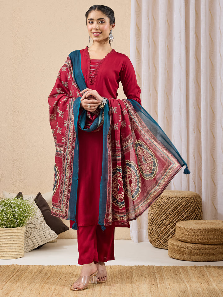 Maroon Yoke Design Straight Kurta,Bottom &amp; Dupatta