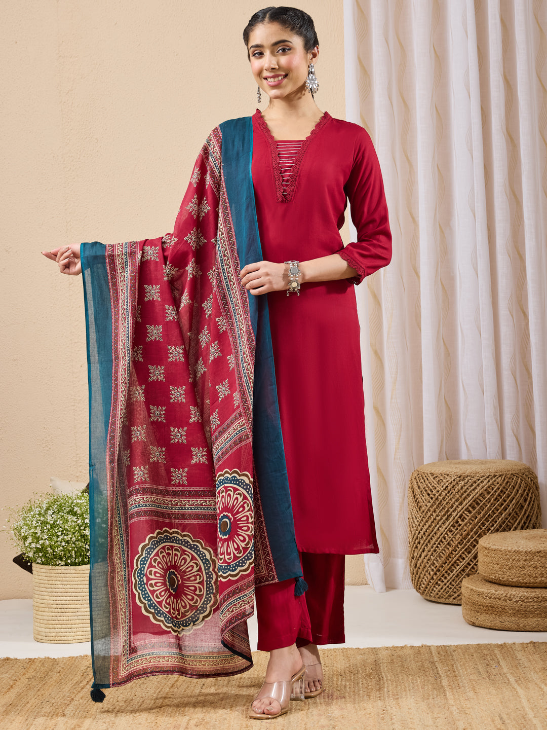 Maroon Yoke Design Straight Kurta,Bottom &amp; Dupatta
