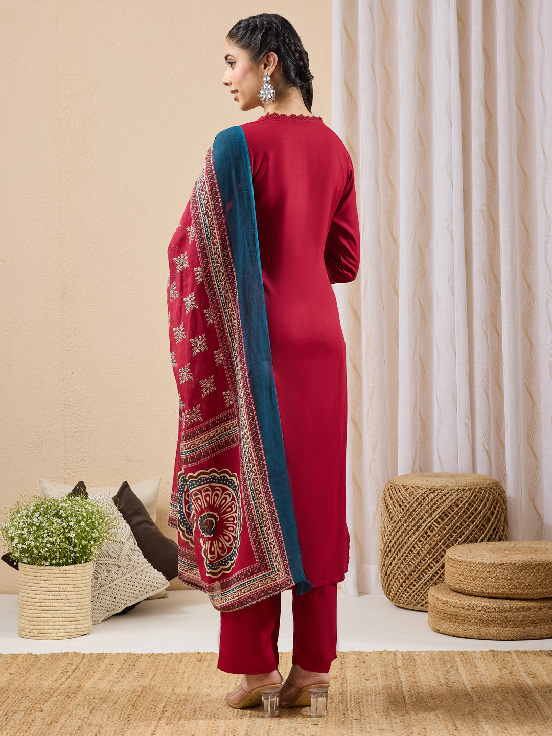 Maroon Yoke Design Straight Kurta,Bottom &amp; Dupatta