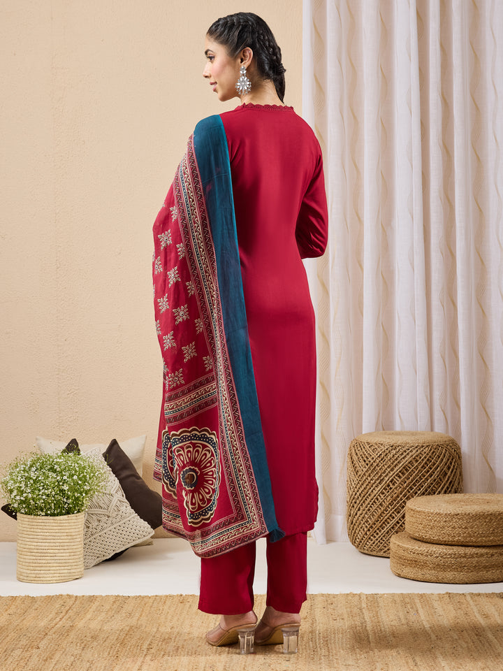 Maroon Yoke Design Straight Kurta,Bottom &amp; Dupatta