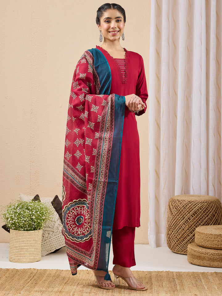 Maroon Yoke Design Straight Kurta,Bottom &amp; Dupatta