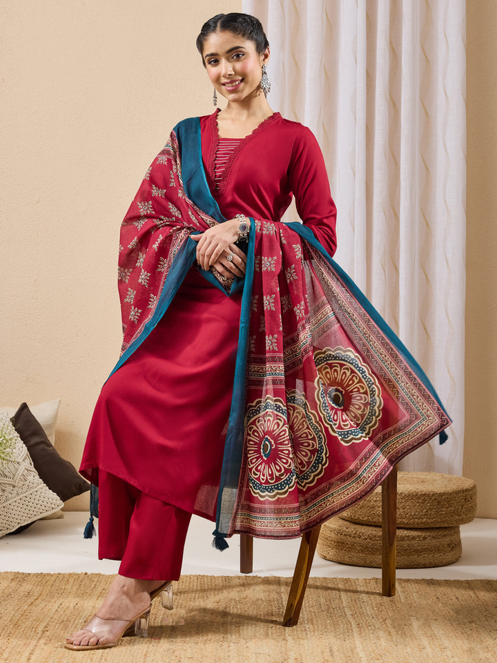 Maroon Yoke Design Straight Kurta,Bottom &amp; Dupatta