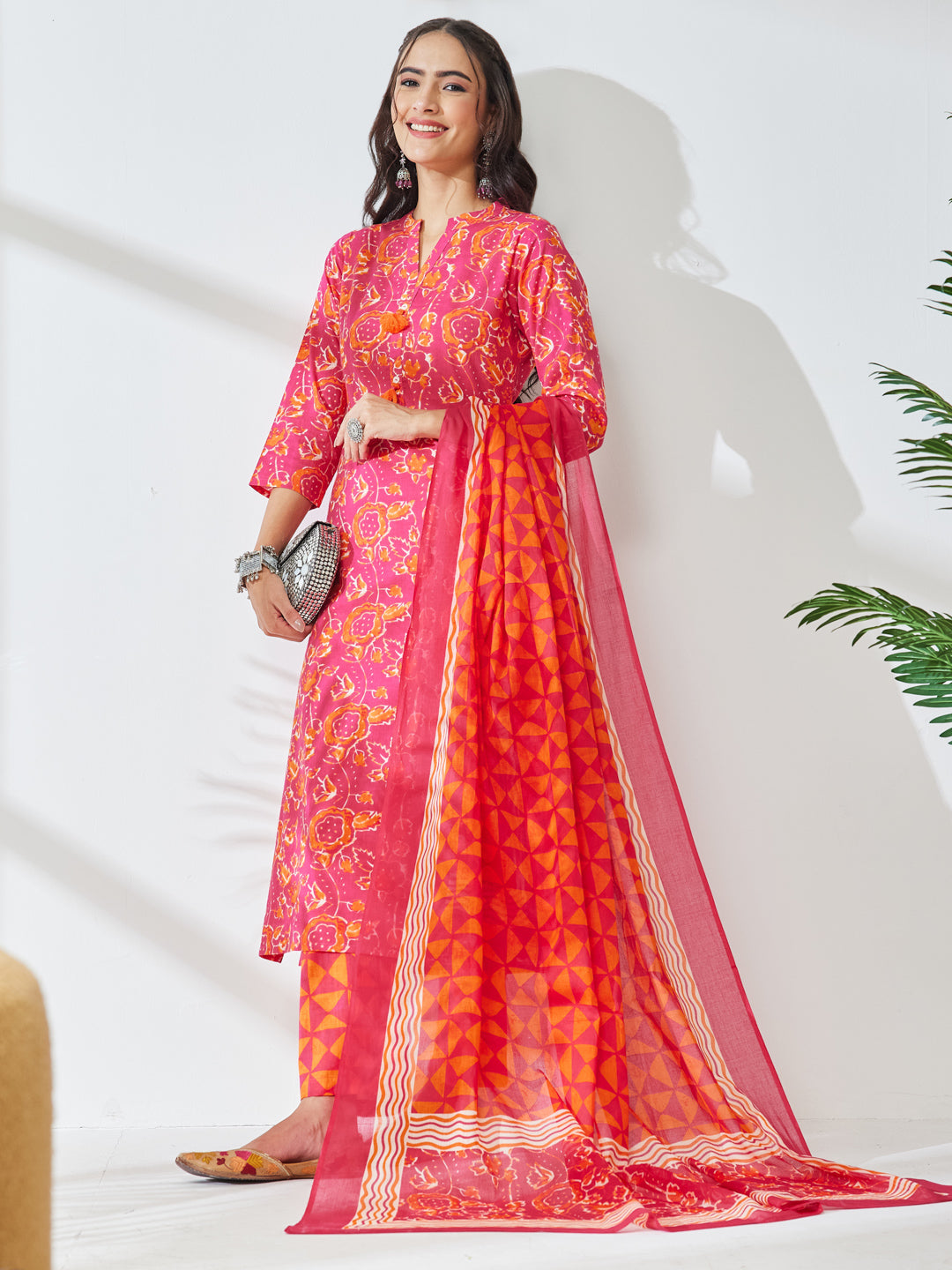 Pink Floral Straight Kurta,Bottom &amp; Dupatta