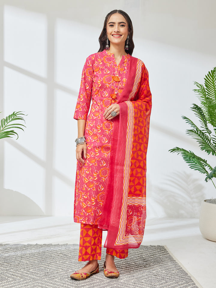 Pink Floral Straight Kurta,Bottom &amp; Dupatta
