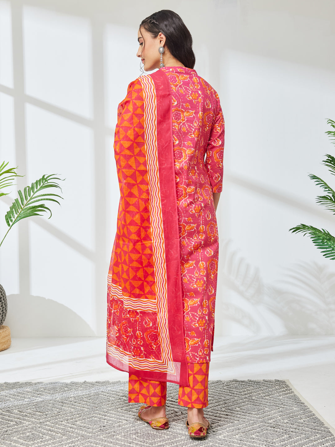 Pink Floral Straight Kurta,Bottom &amp; Dupatta
