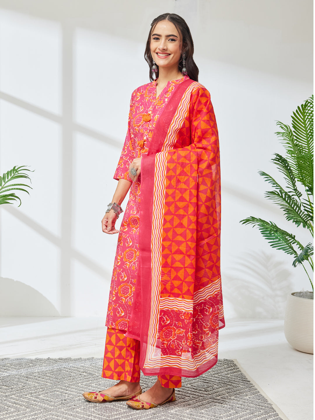Pink Floral Straight Kurta,Bottom &amp; Dupatta