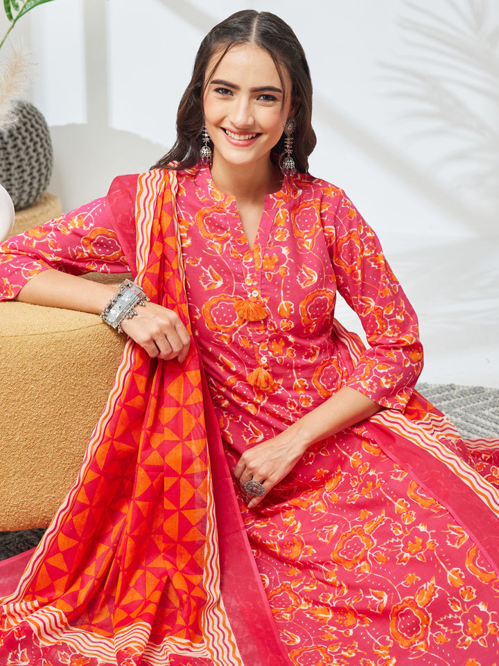 Pink Floral Straight Kurta,Bottom &amp; Dupatta