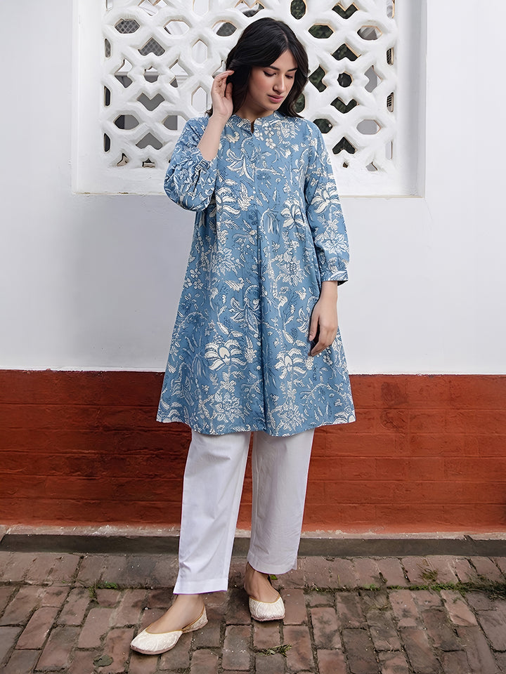 Sky Blue Floral A-Line Tunic