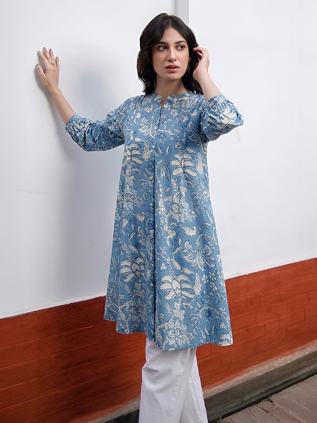 Sky Blue Floral A-Line Tunic