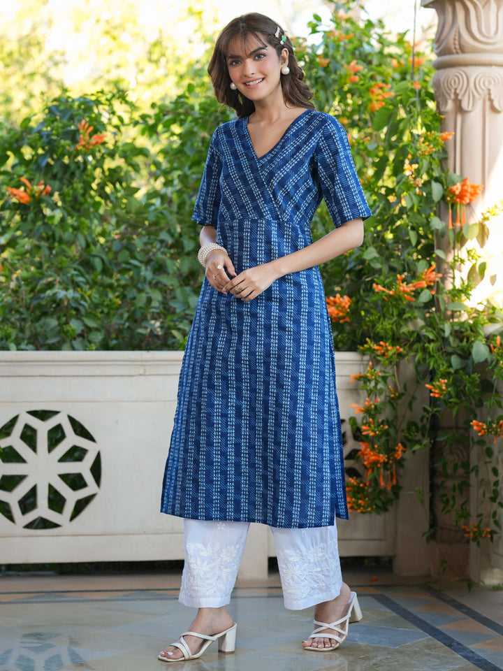 Indigo Cotton Geometric Straight Kurta Only