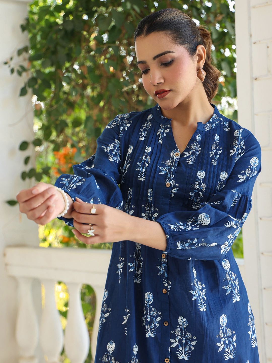 Indigo Cotton Pleated Kurta Only