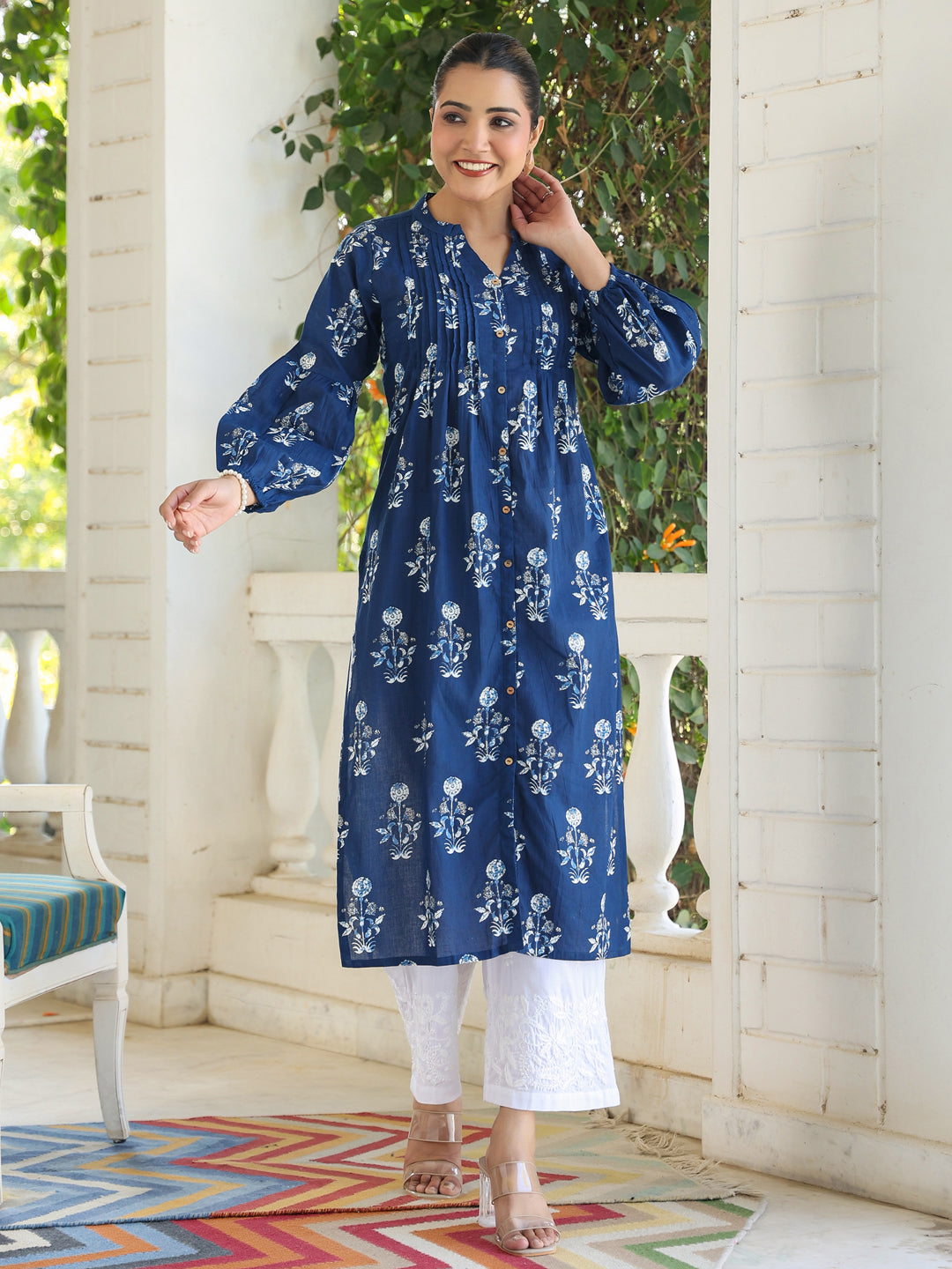 Indigo Cotton Pleated Kurta Only