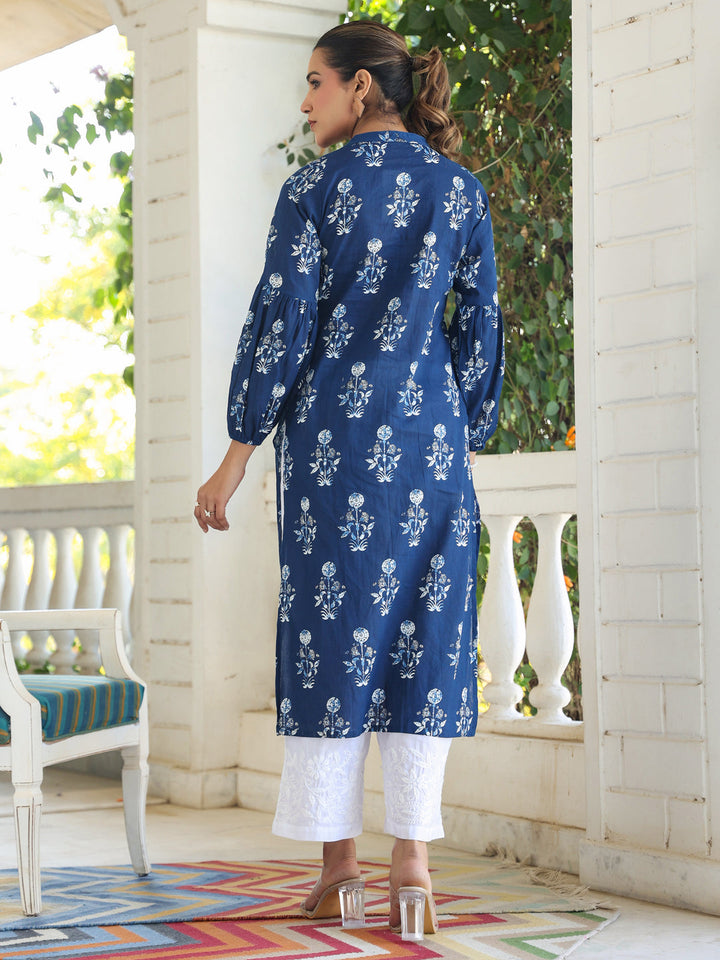 Indigo Cotton Pleated Kurta Only