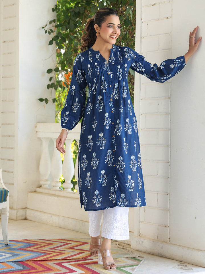 Indigo Cotton Pleated Kurta Only