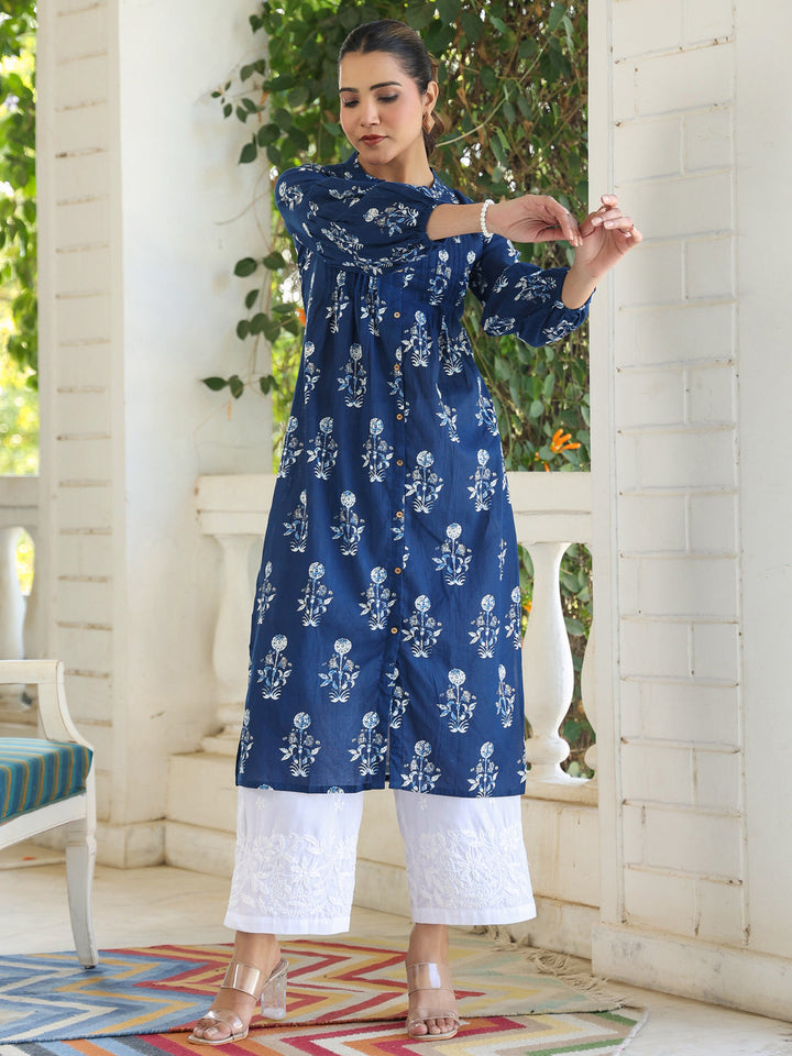 Indigo Cotton Pleated Kurta Only