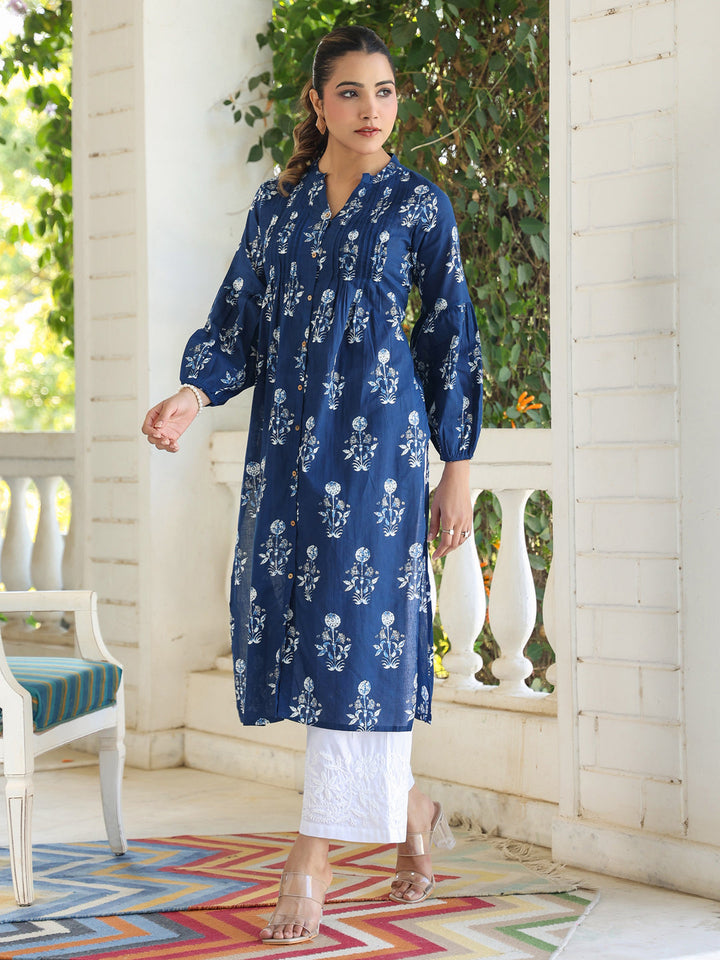 Indigo Cotton Pleated Kurta Only