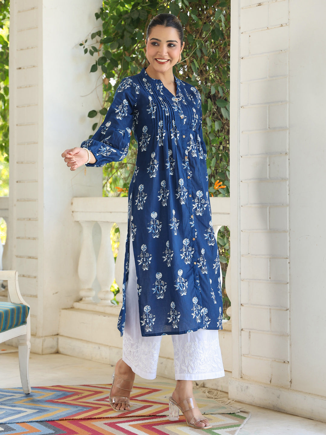 Indigo Cotton Pleated Kurta Only