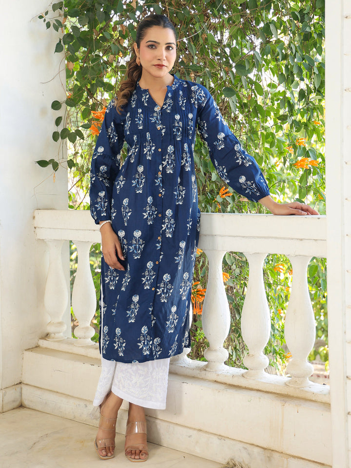 Indigo Cotton Pleated Kurta Only