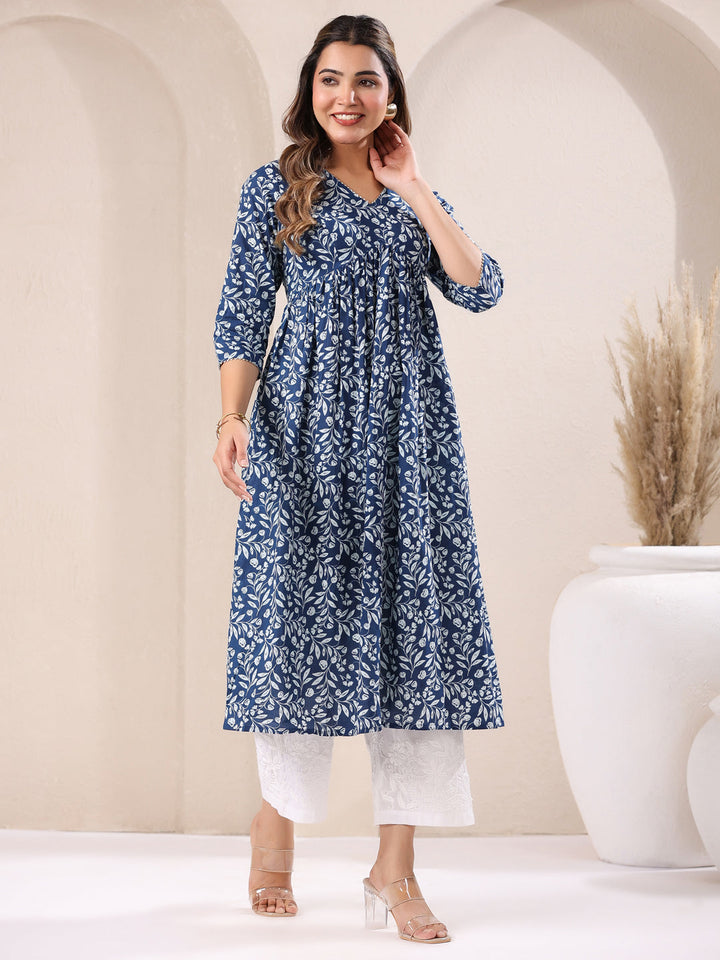 Blue Cotton Floral Gathered A-Line Kurta Only