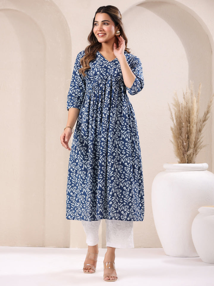 Blue Cotton Floral Gathered A-Line Kurta Only