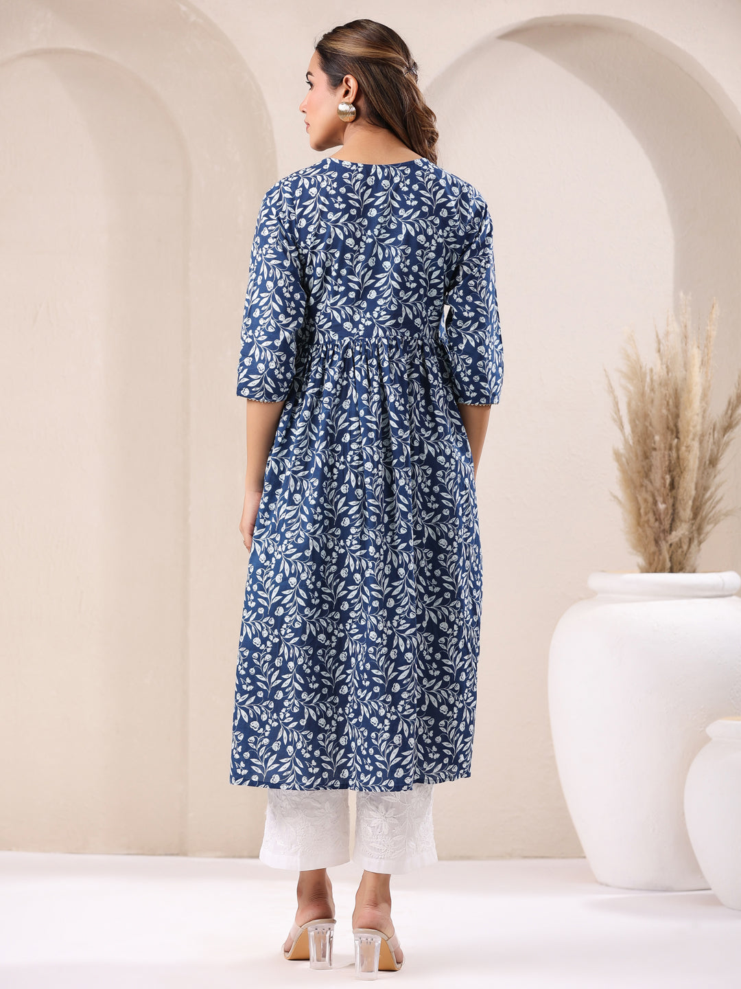 Blue Cotton Floral Gathered A-Line Kurta Only