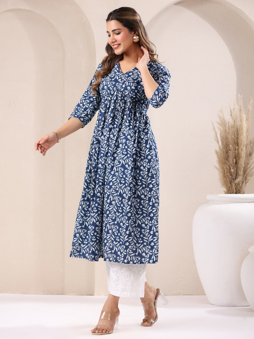 Blue Cotton Floral Gathered A-Line Kurta Only