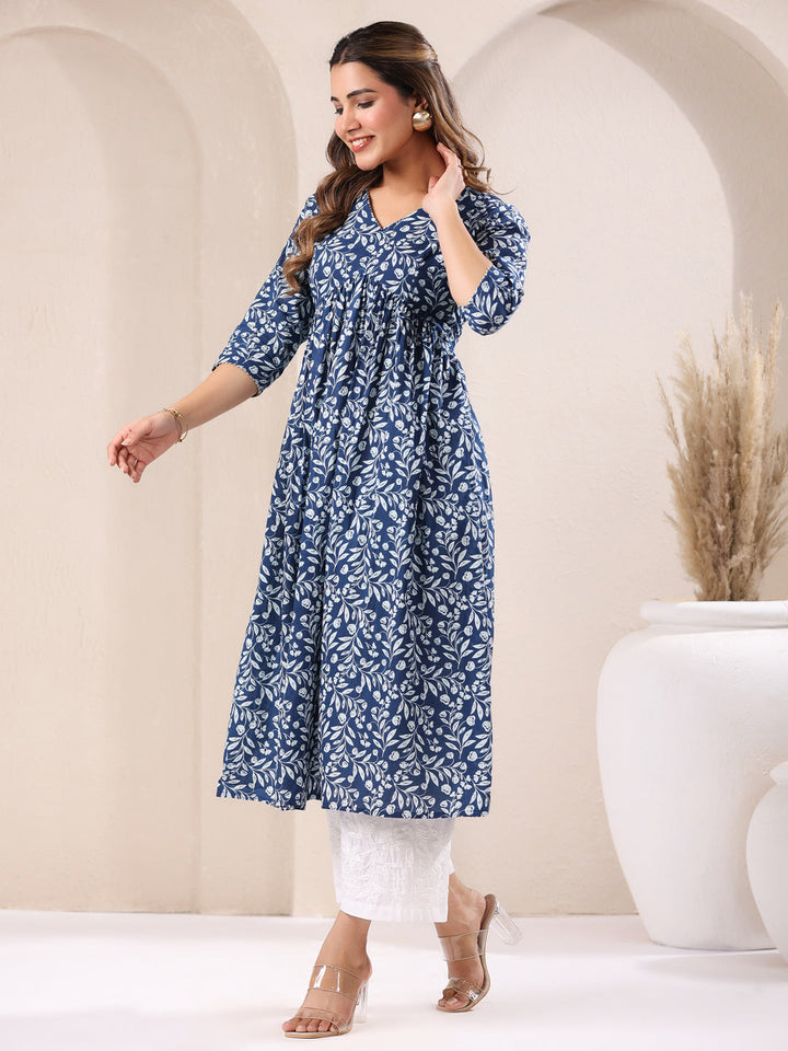 Blue Cotton Floral Gathered A-Line Kurta Only