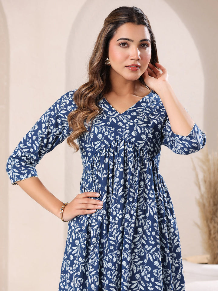 Blue Cotton Floral Gathered A-Line Kurta Only