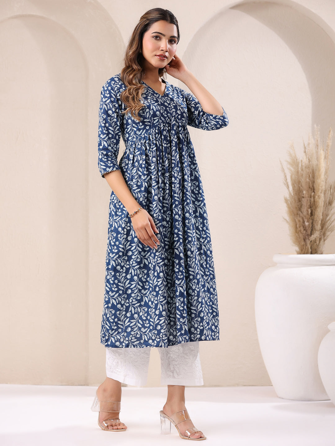 Blue Cotton Floral Gathered A-Line Kurta Only