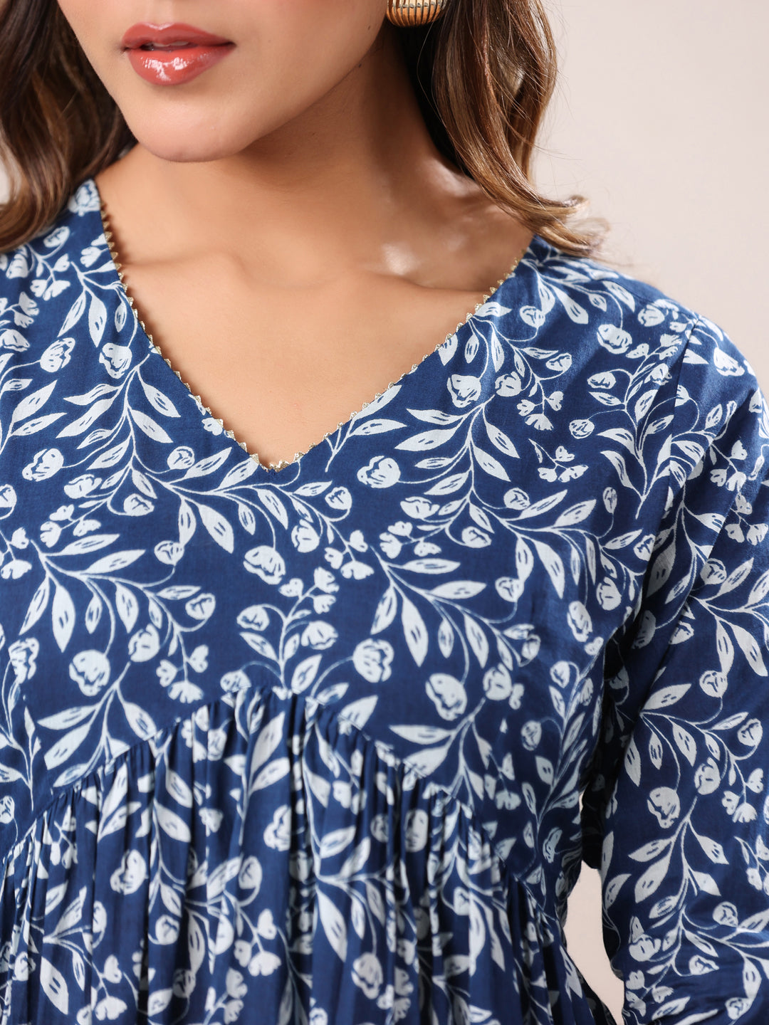 Blue-Cotton-Floral-Gathered-A-Line-Kurta-Only