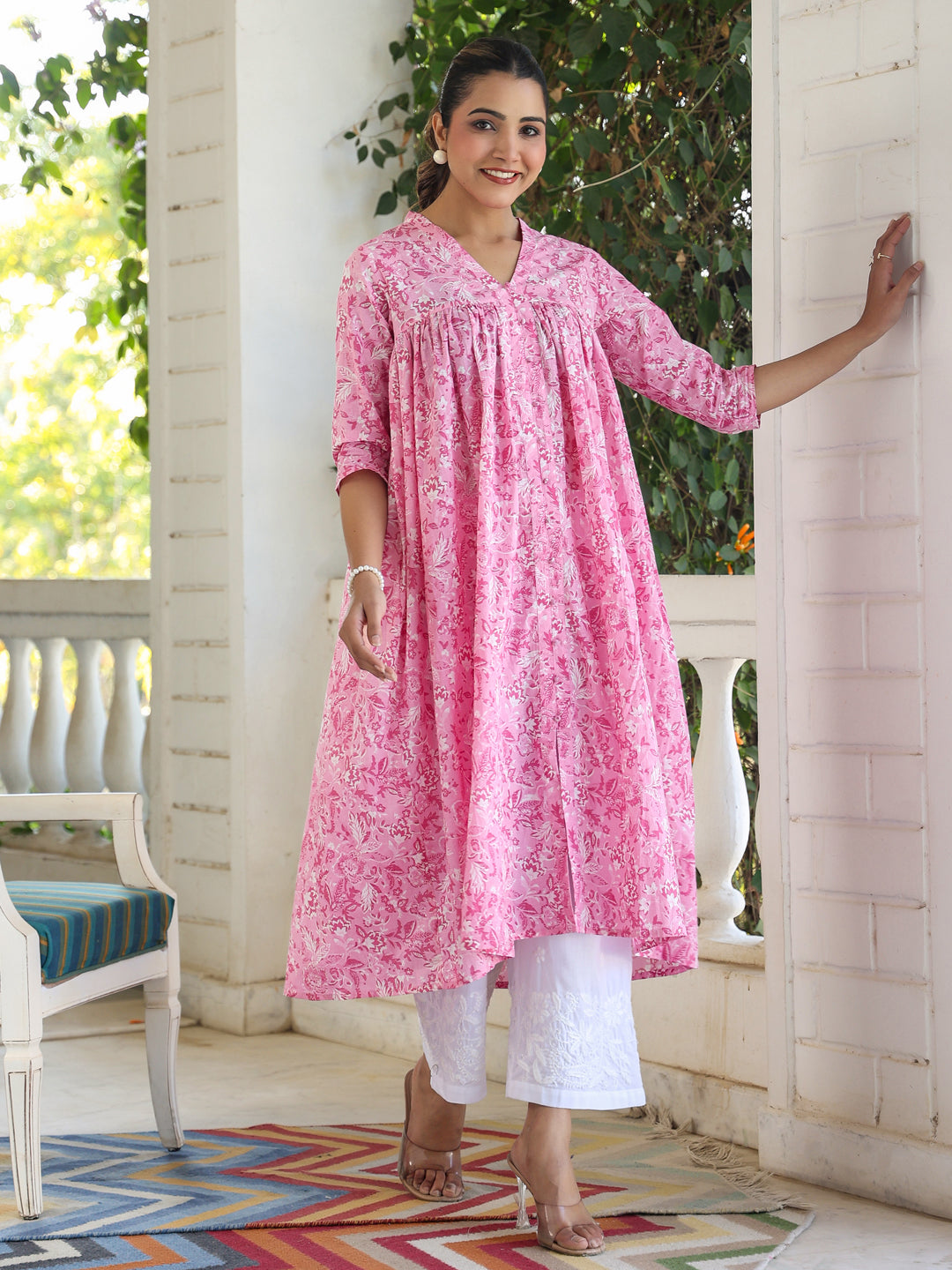 Pink Cotton Floral Print Empire Kurta Only