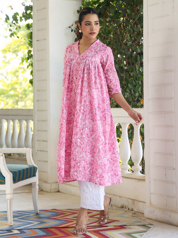 Pink Cotton Floral Print Empire Kurta Only