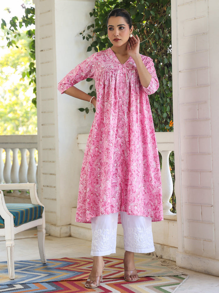 Pink Cotton Floral Print Empire Kurta Only