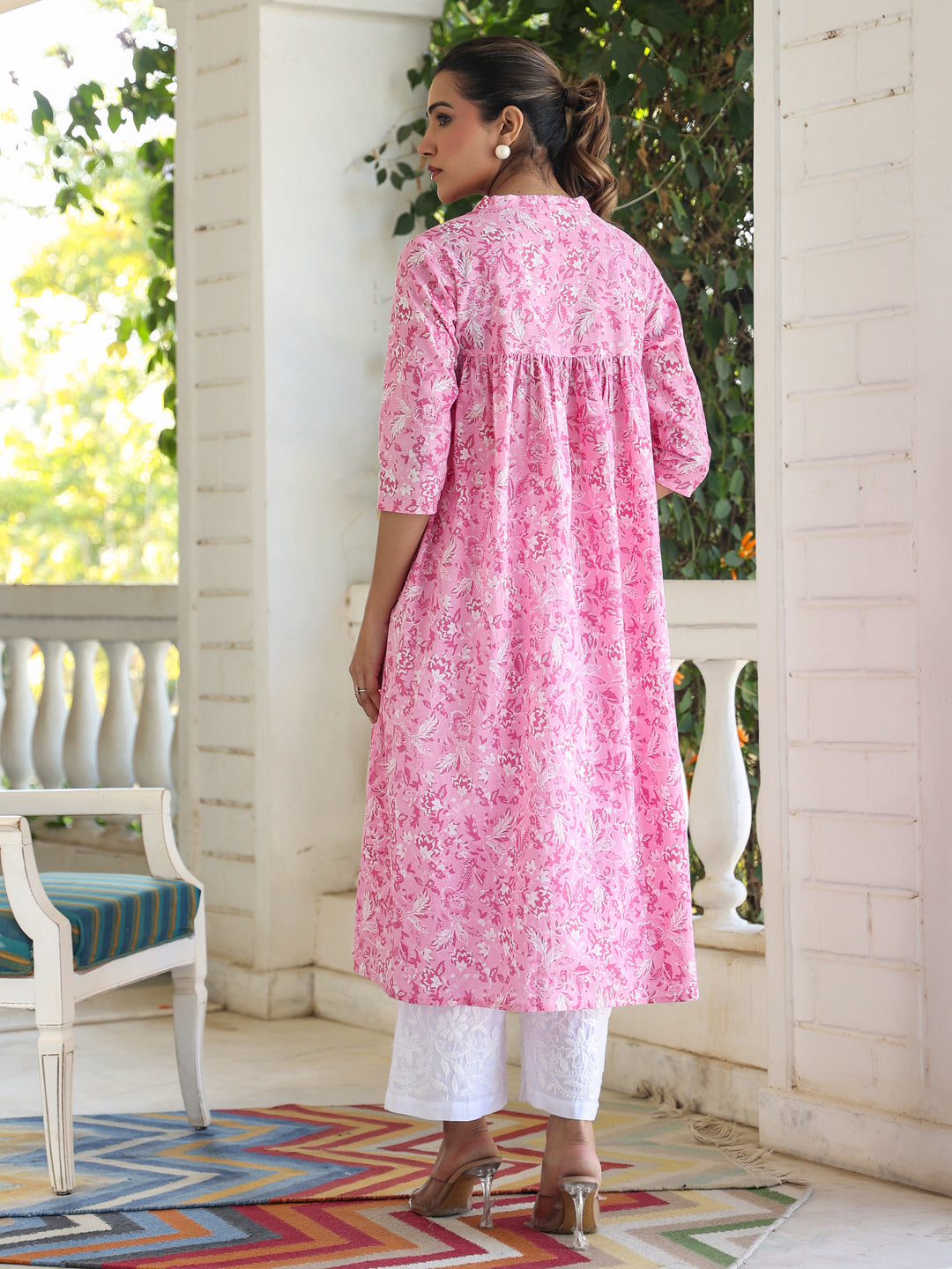 Pink Cotton Floral Print Empire Kurta Only