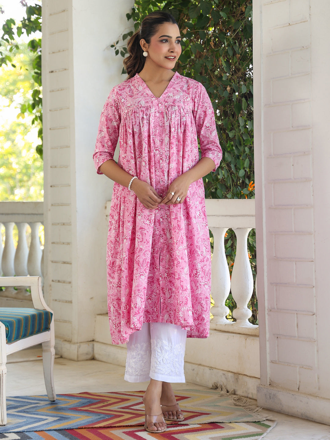 Pink Cotton Floral Print Empire Kurta Only