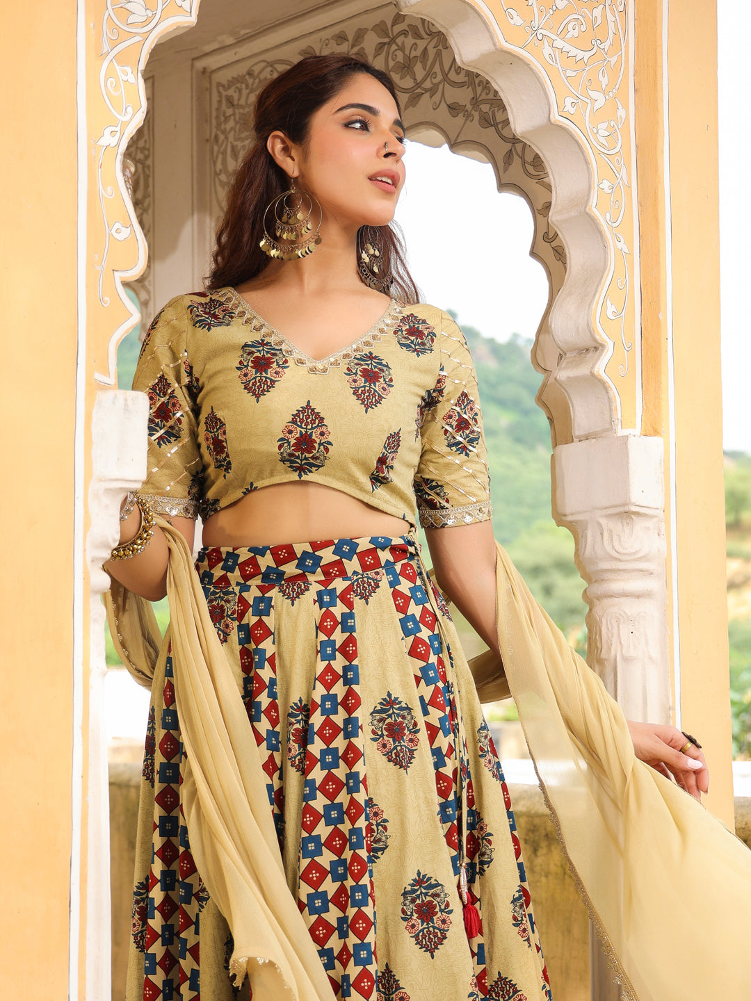 Beige Cotton Lehenga Choli with Lace Motifs